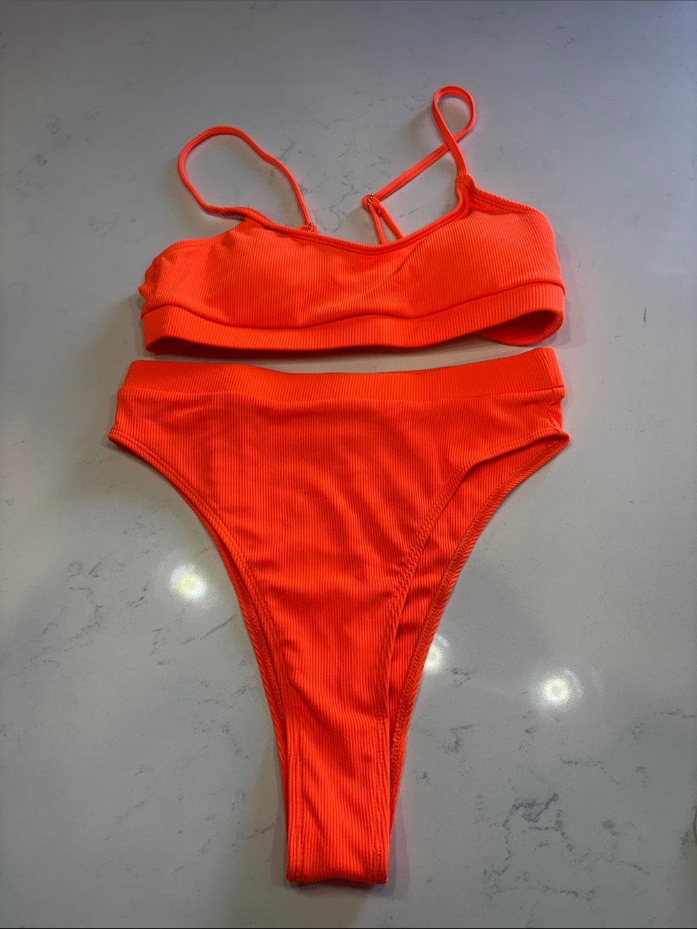 Women's Neon Orange Ribbed High-Waist Bikini Set